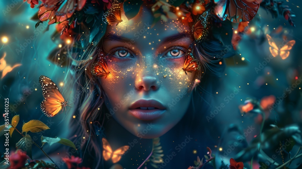 A woman depicted in a painting, adorned with butterflies atop her head and one on her forehead Surrounding her are an array of flowers and fluttering butterfl A woman depicted in a painting, adorned with butterflies atop her head and one on her forehead Surrounding her are an array of flowers and fluttering butterfl