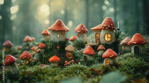  A collection of tiny homes nestled amidst a dense forest, teeming with trees and mushroom-capped tops photo