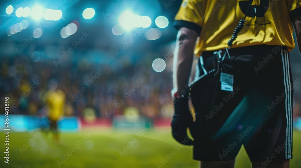 During the football game, the technical referee indicates three more minutes. During the football game, the technical referee indicates three more minutes.