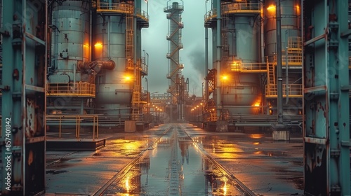 A ship channel, welding, refinery, petrochemical, tubular reactors, vessels. Generative AI.