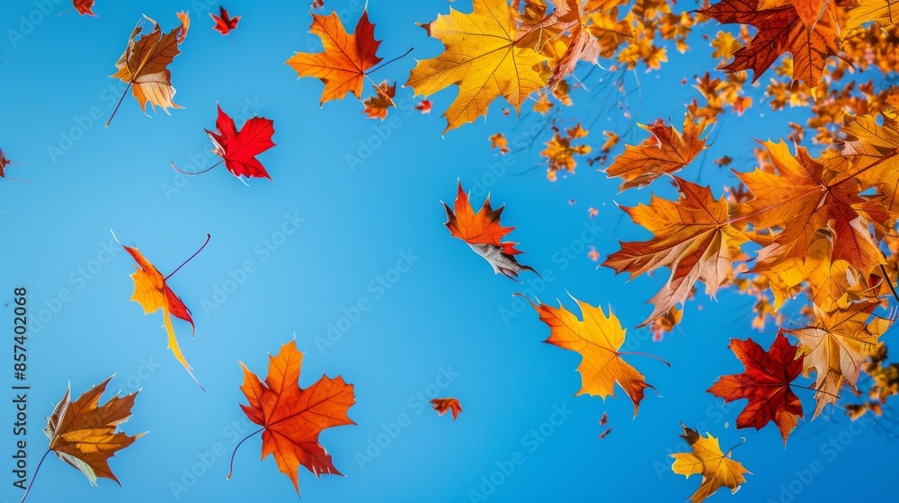 Maple leaves falling against a clear blue sky, capturing the essence of a colorful autumn day Maple leaves falling against a clear blue sky, capturing the essence of a colorful autumn day