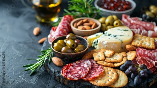  A platter of meats, cheeses, crackers, olives, nuts, and assorted appetizers