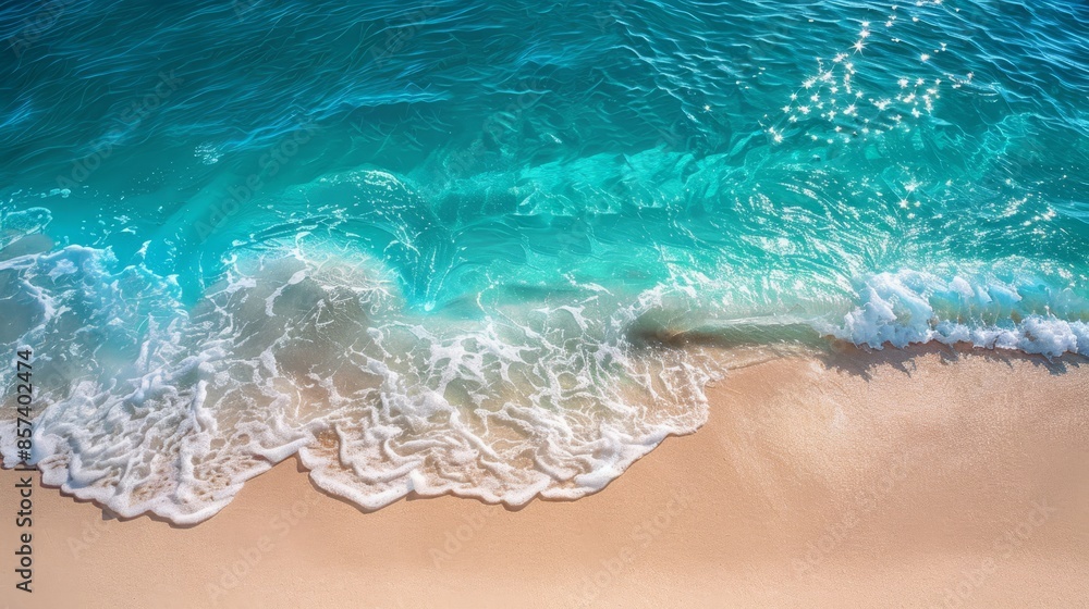 A bird's-eye perspective of a beach reveals a wave approaching shore, while a surfboard remains on the sand beside it A bird's-eye perspective of a beach reveals a wave approaching shore, while a surfboard remains on the sand beside it