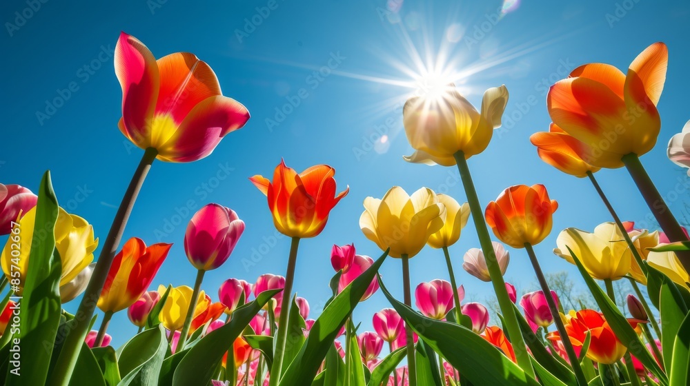 Blooming tulip field set against a clear blue sky in springtime Blooming tulip field set against a clear blue sky in springtime