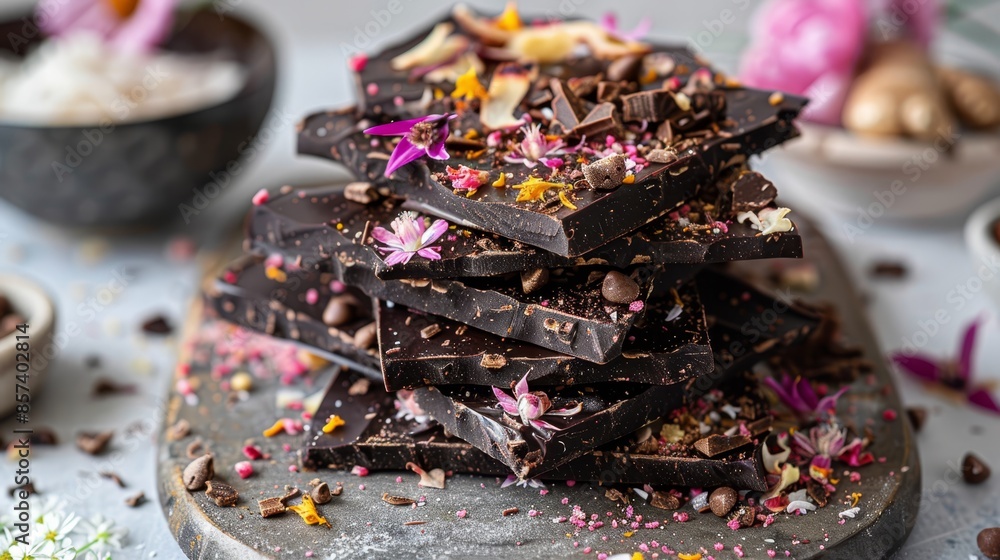 A chopping board holds a mound of chocolate pieces, adjacent lies a bowl filled with nuts and other constituents A chopping board holds a mound of chocolate pieces, adjacent lies a bowl filled with nuts and other constituents