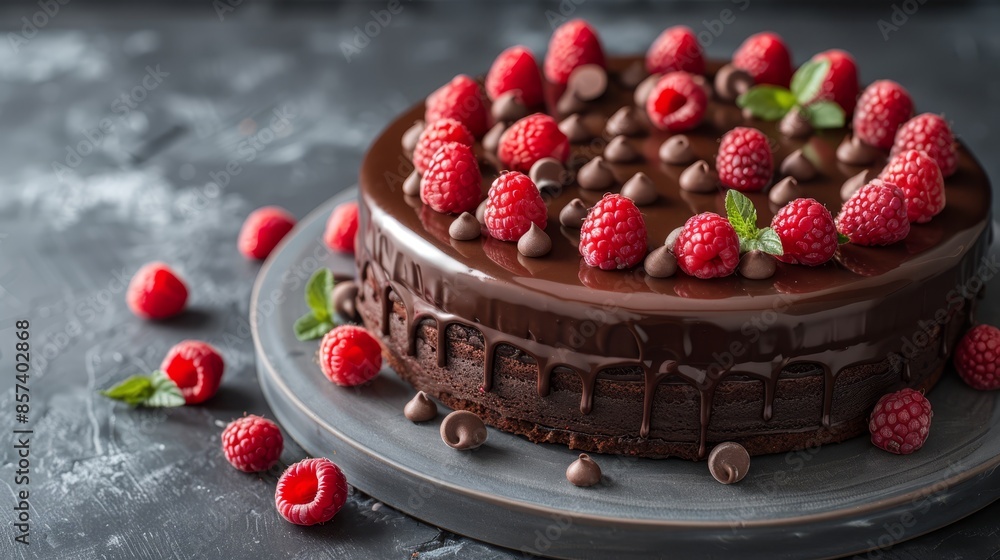 A chocolate cake topped with raspberries and chocolate frosting on a silver platter Surrounded by chocolate chips and mints on the table A chocolate cake topped with raspberries and chocolate frosting on a silver platter Surrounded by chocolate chips and mints on the table