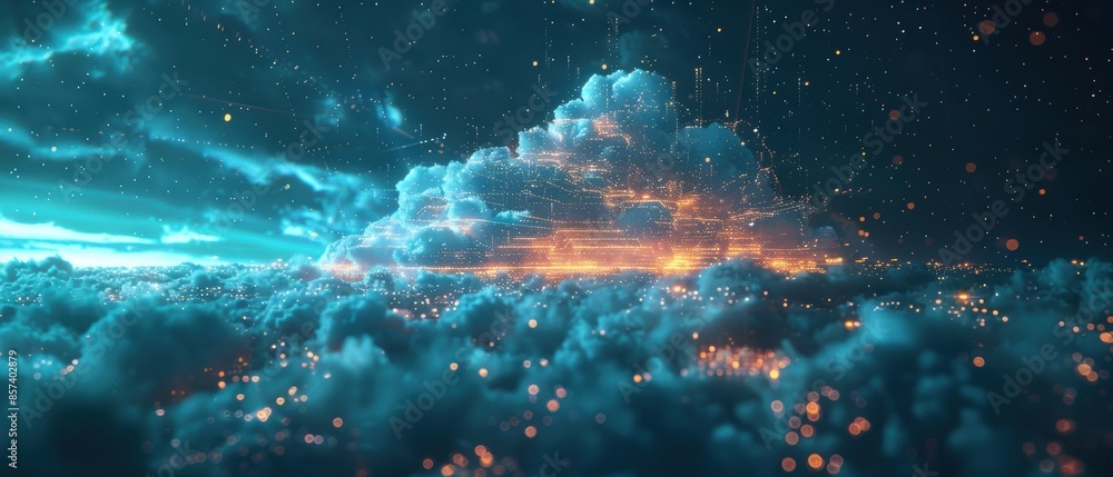 Obraz premium Visual representation of a hybrid cloud environment in , blending private and public cloud services with data access