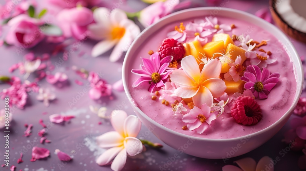 A tight shot of a bowl brimming with food on a table, surrounded by flowers with scattered petals nearby A tight shot of a bowl brimming with food on a table, surrounded by flowers with scattered petals nearby