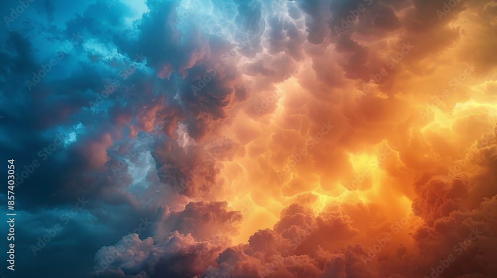 A sky teeming with numerous clouds, backdrop of a plane, orange and blue brightened behind A sky teeming with numerous clouds, backdrop of a plane, orange and blue brightened behind