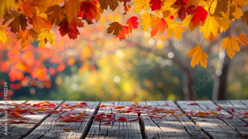 Wooden table set against a backdrop of a colorful autumn landscape