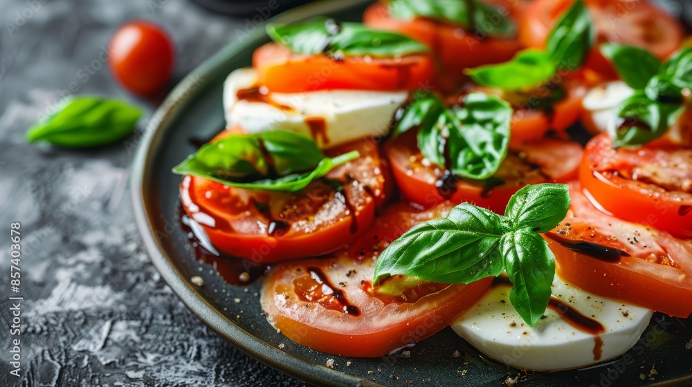 A plate with tomatoes, mozzarella, basil, and Mozzarella cheese on a gray tablecloth A plate with tomatoes, mozzarella, basil, and Mozzarella cheese on a gray tablecloth
