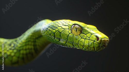 A green snake with yellow eyes is slithering through the darkness. Its scales are glistening in the light. The snake is looking for its next victim.
