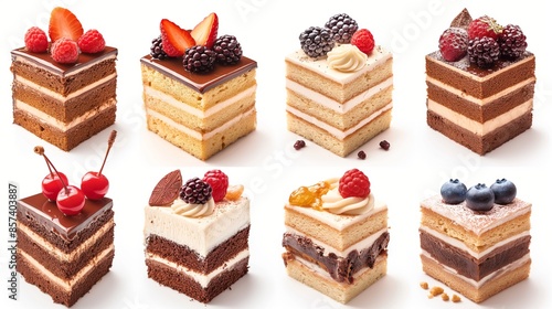 An assortment of luxurious layered cakes decorated with fresh berries and chocolate.