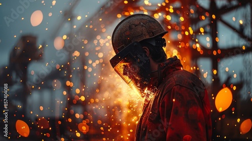  A man in helmet and protective gear stands before a factory, illuminated by numerous background lights