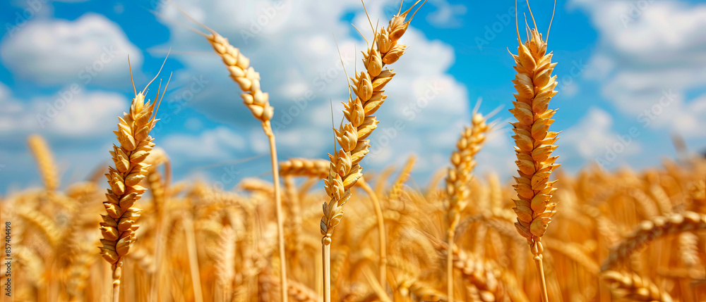 Golden wheat field under a bright blue sky. Ideal for agricultural promotions, sustainable farming, and food production awareness. Perfect for businesses in agriculture, environmental campaigns
