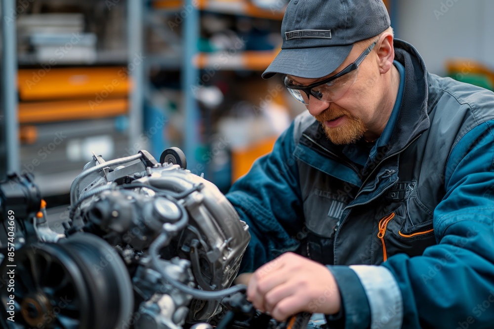 A worker in blue coverall working on automotive engine parts on a workshop table A worker in blue coverall working on automotive engine parts on a workshop table