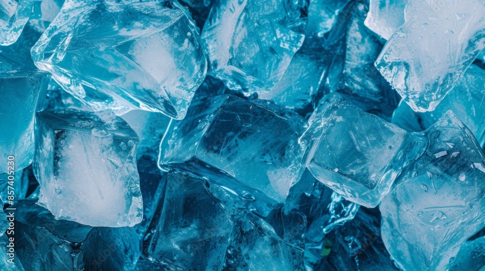 Close-up of frozen ice blocks, captured in varying shades of blue