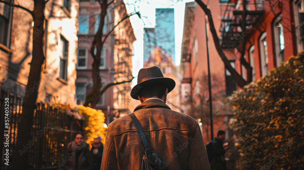 Man in hat walking down city street. Man in hat walking down city street.