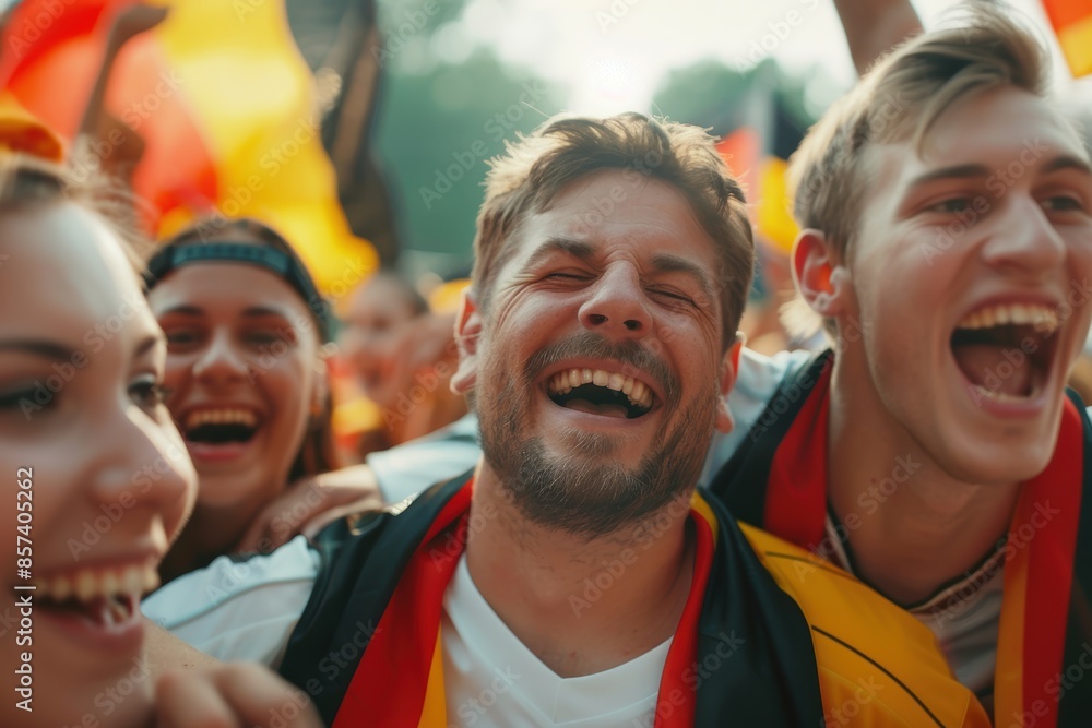 A gathering of fervent German soccer supporters commemorating their triumph. A gathering of fervent German soccer supporters commemorating their triumph.