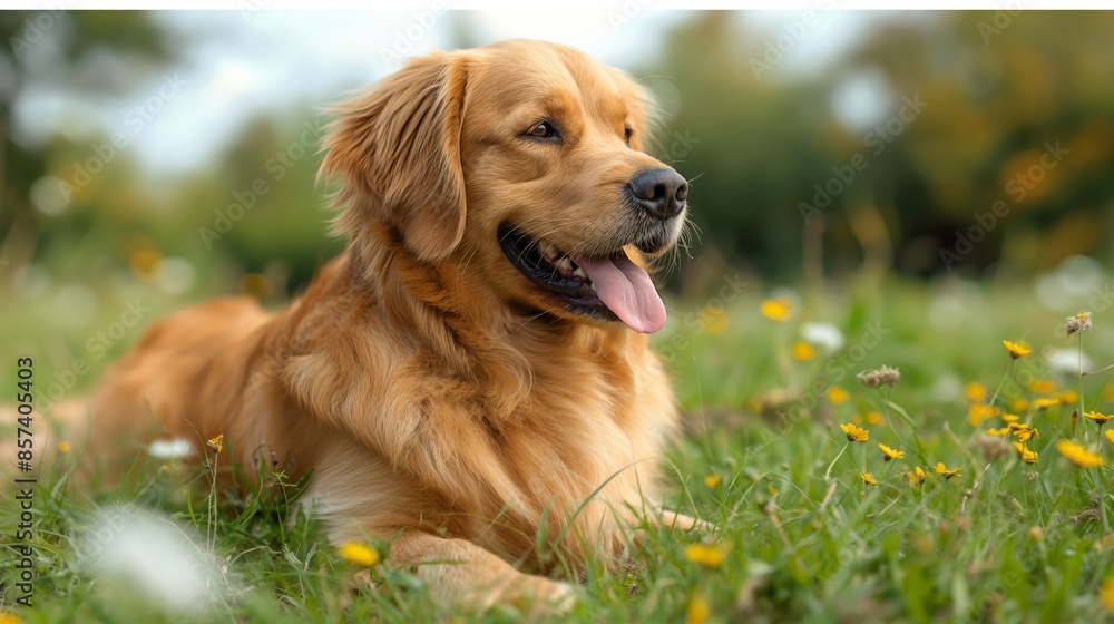 Obraz premium A golden retriever relaxes in a sunlit field, surrounded by dainty wildflowers, embodying the joy of a warm summer day.
