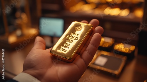 A hand holds a shiny gold bar, exemplifying wealth and investment, with a blurred background of more gold items. photo