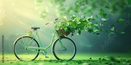  An eco-friendly bicycle with a basket overflowing with lush green leaves, symbolizing sustainable and healthy transportation © AIRealms
