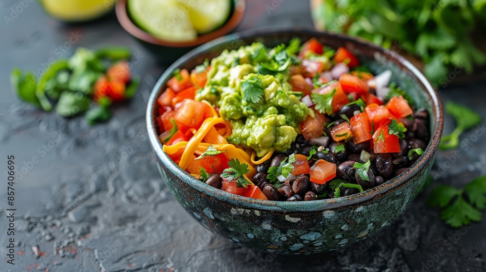 A bowl of black beans, tomatoes, avocado, cilantro, and jalapeño peppers A bowl of black beans, tomatoes, avocado, cilantro, and jalapeño peppers