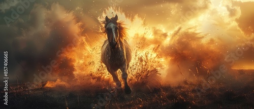 Wild horse neighing with explosive bursts in the backdrop, showcasing raw power and dramatic energy photo
