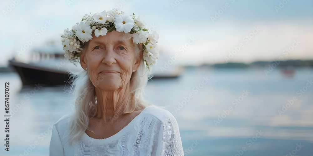 Elderly woman in flower crown posing by water with boat in background. Concept Outdoor Photoshoot, Elderly Woman, Flower Crown, Water, Boat