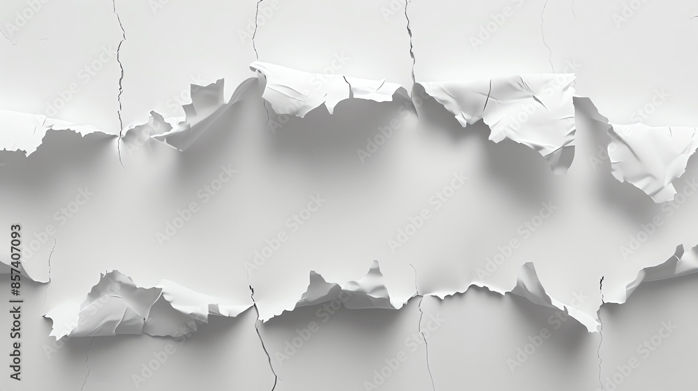 White ripped paper. The image shows a white ripped paper with a hole in the middle. The paper is torn and has a rough edge. The background is white.