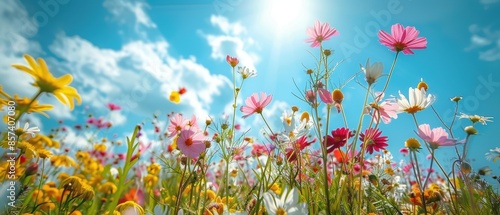 Wildflowers in a meadow under a bright blue sky,