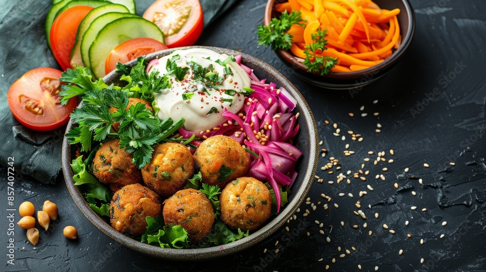 A bowl brimming with meatballs and vegetables nestled beside a bowl of sliced carrots and cucumbers A bowl brimming with meatballs and vegetables nestled beside a bowl of sliced carrots and cucumbers