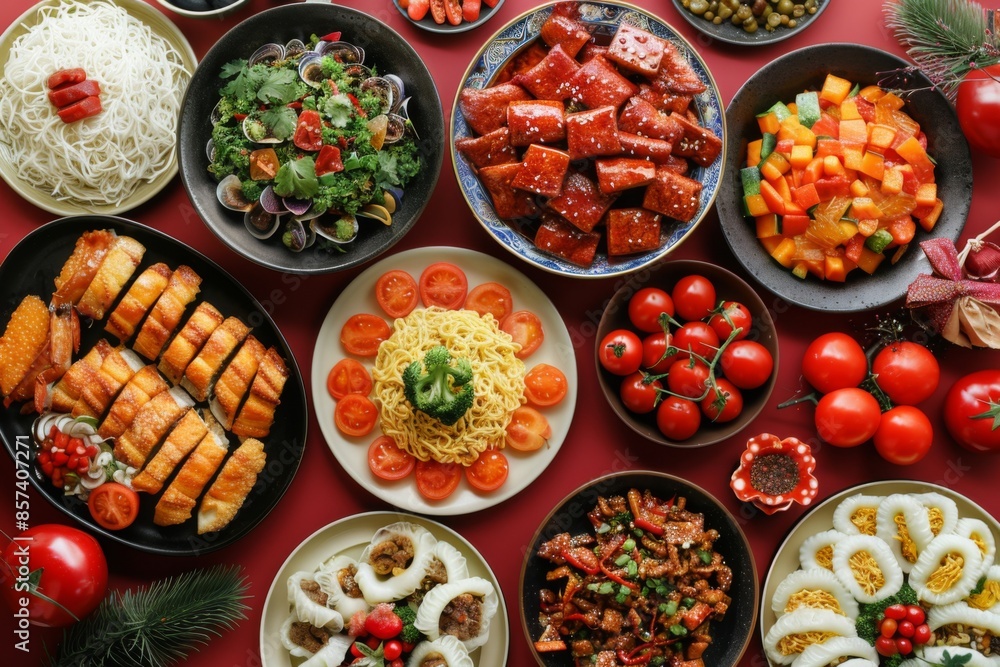 Fototapeta premium Variety of Asian Cuisine on Red Background