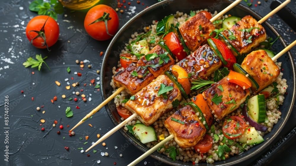 A pan holding tofu and vegetables atop rice Chopsticks stand out from the bed A pan holding tofu and vegetables atop rice Chopsticks stand out from the bed