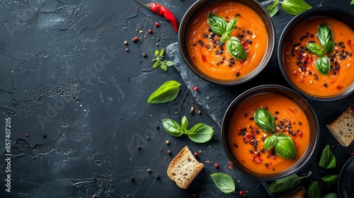  Three bowls of tomato soup, garnished with basil and pepper, on a black surface A slice of bread accompanies each bowl