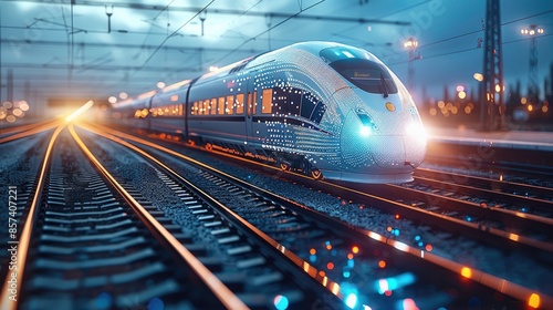 A train during day with light grid world map blue overlay concept of connectivity. Generative AI.