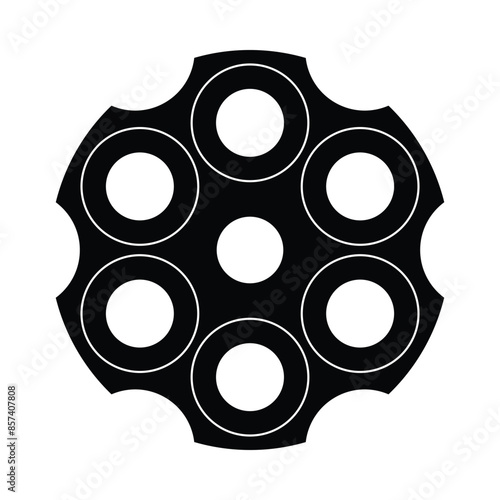 Revolver cylinder vector icon. Drum of revolver. Pistol handgun part. Firearms and weaponry design. Black silhouette.