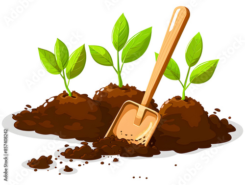 Plants, soil mud and a shovel cartoon illustration. Concept of planting, environmental care, farming and nature, Transparent background