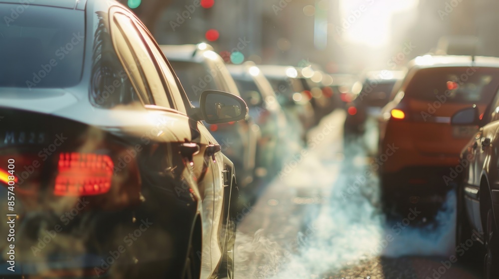 A close-up shot of cars lined up in a traffic jam with smoke billowing from the exhaust of the car in the foreground. Sunlight illuminates the scene, creating a warm and hazy atmosphere. A close-up shot of cars lined up in a traffic jam with smoke billowing from the exhaust of the car in the foreground. Sunlight illuminates the scene, creating a warm and hazy atmosphere.