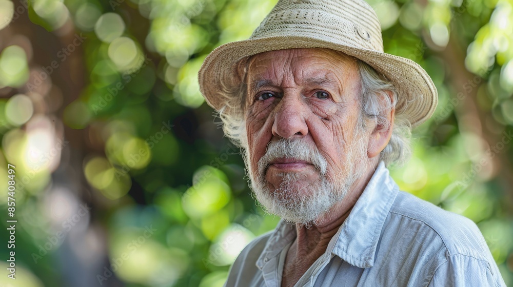 A portrait of an elderly man wearing a straw hat outdoors A portrait of an elderly man wearing a straw hat outdoors