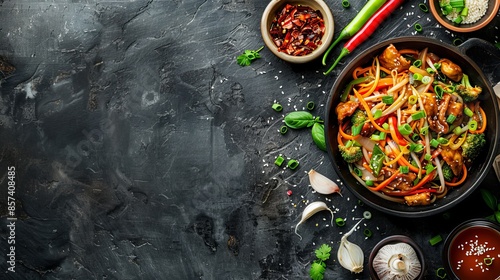  A wok brimming with vegetables and sauces rests atop a black countertop Nearby, a bowl holds additional sauce photo