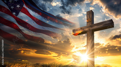 American Flag and Cross at Sunset