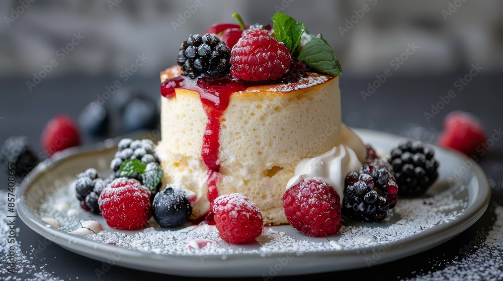 A cake topped with raspberries and berries, dusted with powdered sugar, sits on a plate similarly coated A cake topped with raspberries and berries, dusted with powdered sugar, sits on a plate similarly coated