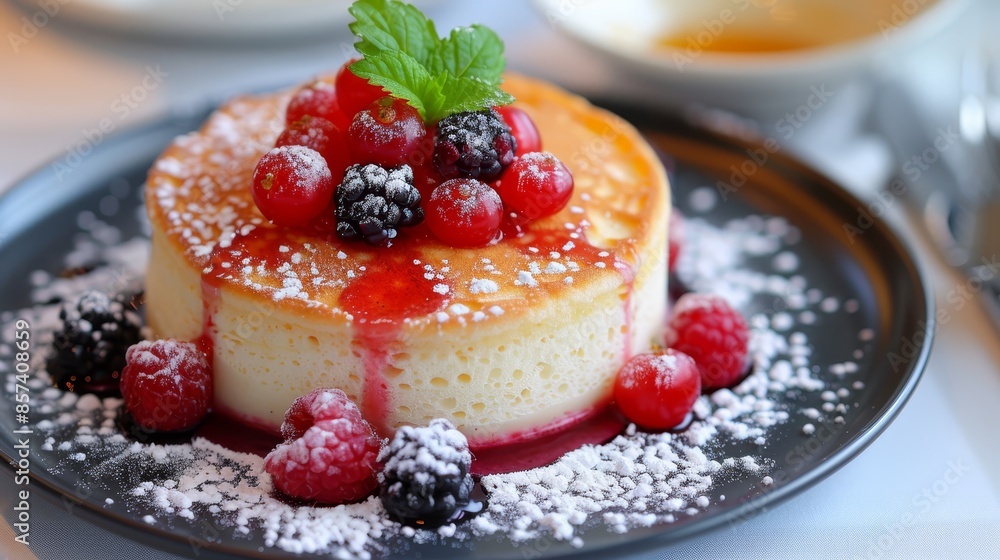 A cheesecake topped with berries and dusted with powdered sugar on a black plate Background includes silverware and utensils A cheesecake topped with berries and dusted with powdered sugar on a black plate Background includes silverware and utensils
