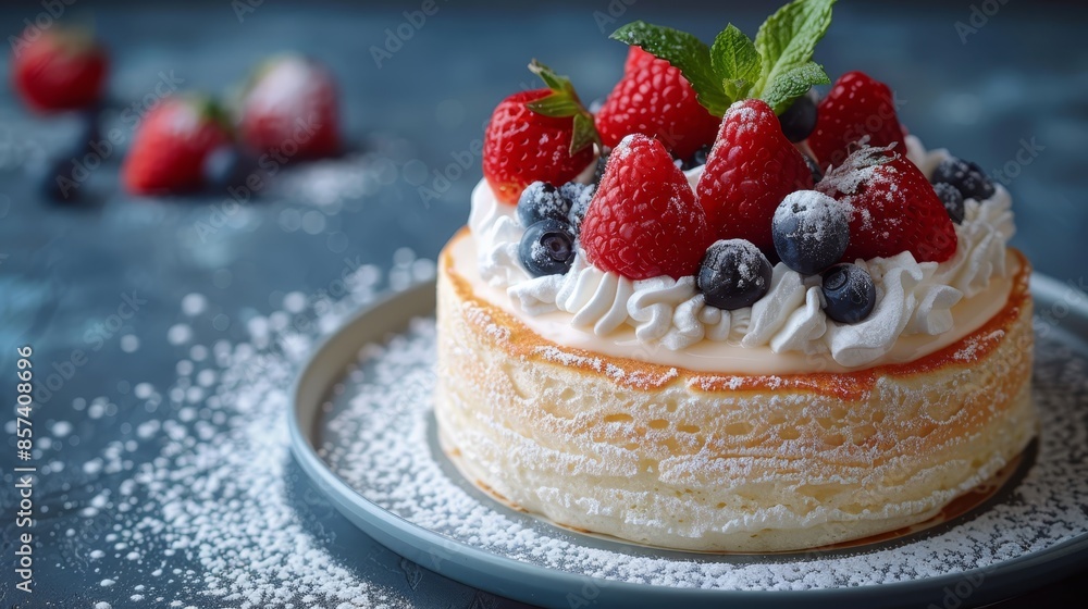 A tight shot of a cake on a plate, adorned with strawberries and blueberries atop A tight shot of a cake on a plate, adorned with strawberries and blueberries atop