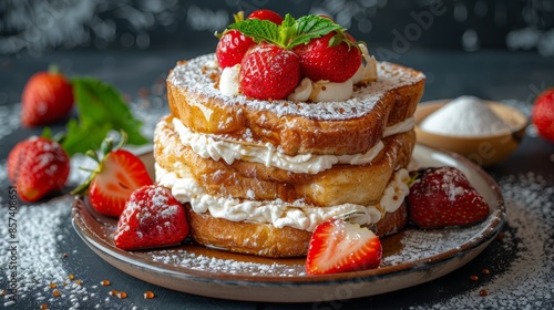  A plate holds a stack of strawberry shortcakes, dusted with powdered sugar Fresh strawberries accompany them on the side