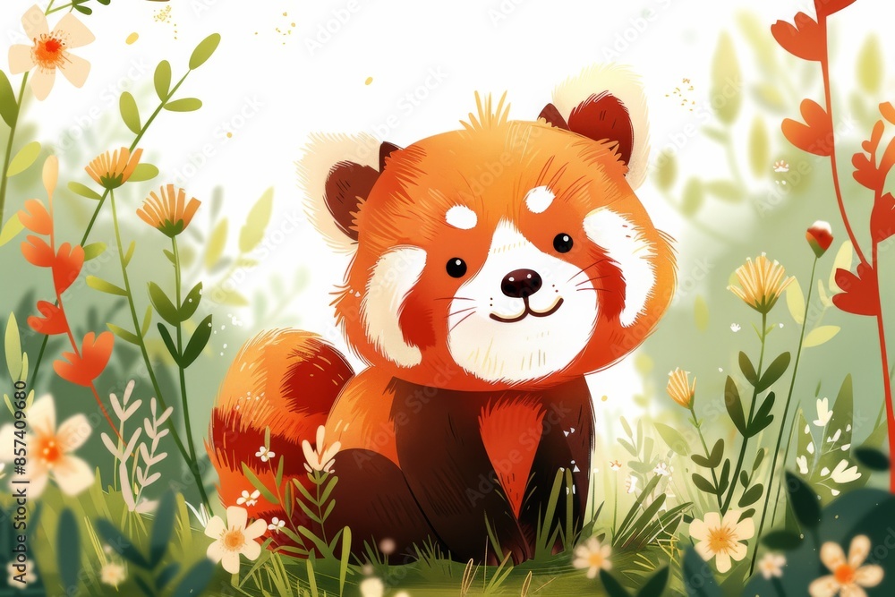 Cute Red Panda in Floral Meadow Cute Red Panda in Floral Meadow