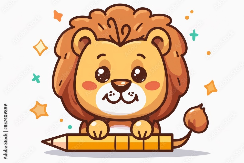 Fototapeta premium Cute Cartoon Lion Drawing with Pencil