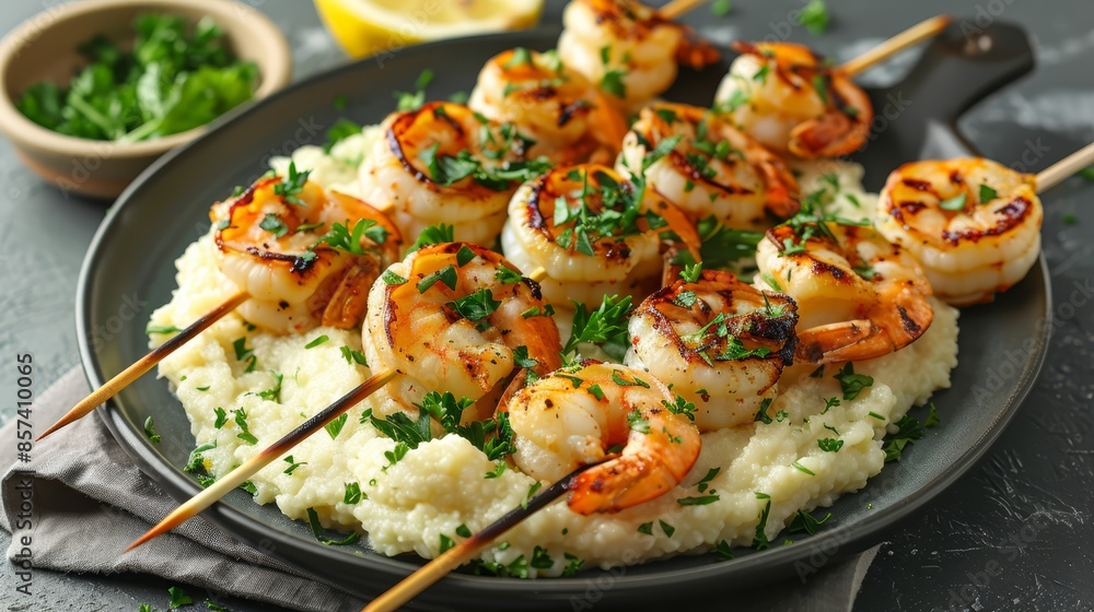 A plate with shrimp and cauliflower skewers atop creamy cauliflower mashed potatoes A plate with shrimp and cauliflower skewers atop creamy cauliflower mashed potatoes