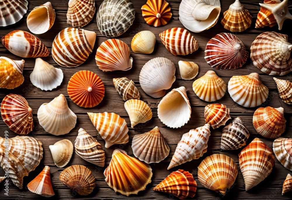 beautiful seashell collection showcased rustic wooden table, displayed, natural, interior, decoration, beach, ocean, marine, exotic, variety, colorful beautiful seashell collection showcased rustic wooden table, displayed, natural, interior, decoration, beach, ocean, marine, exotic, variety, colorful
